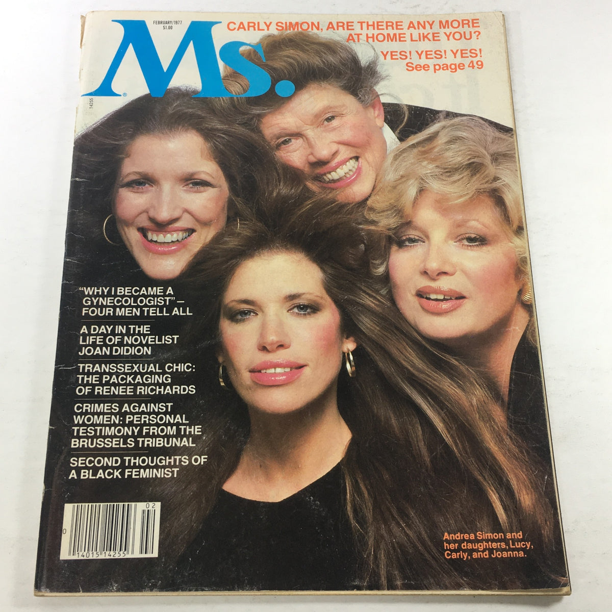 Cover of VTG MS. Magazine: February 1977 featuring Andrea Simon and her daughters Lucy, Carly, and Johanna. The magazine highlights feminist themes and includes various articles on women's rights.