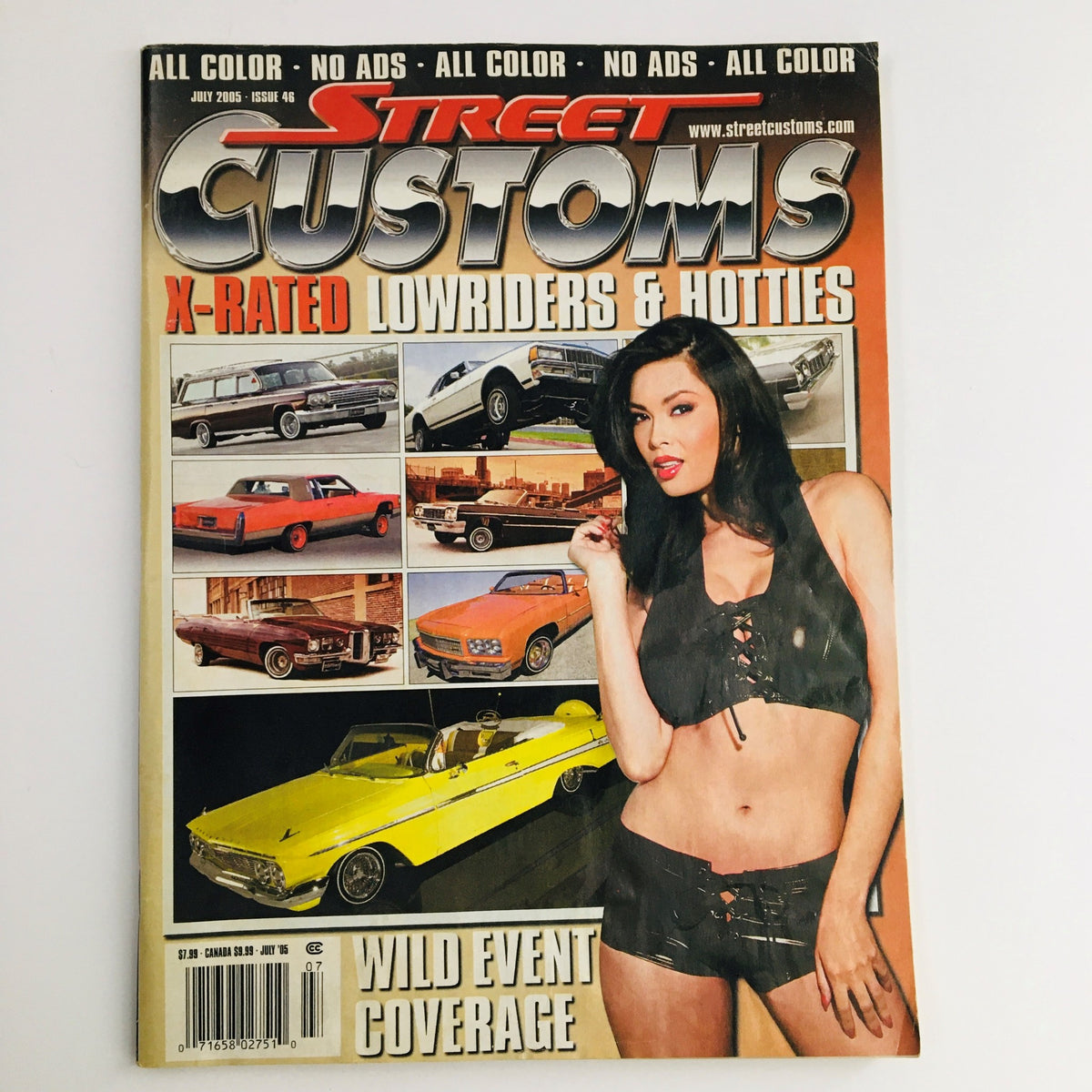 Cover of Street Customs Magazine July 2005 featuring 'X-Rated Lowriders & Hotties' with striking visuals of vintage cars and a model, showcasing vibrant car culture and aesthetics of the mid-2000s.