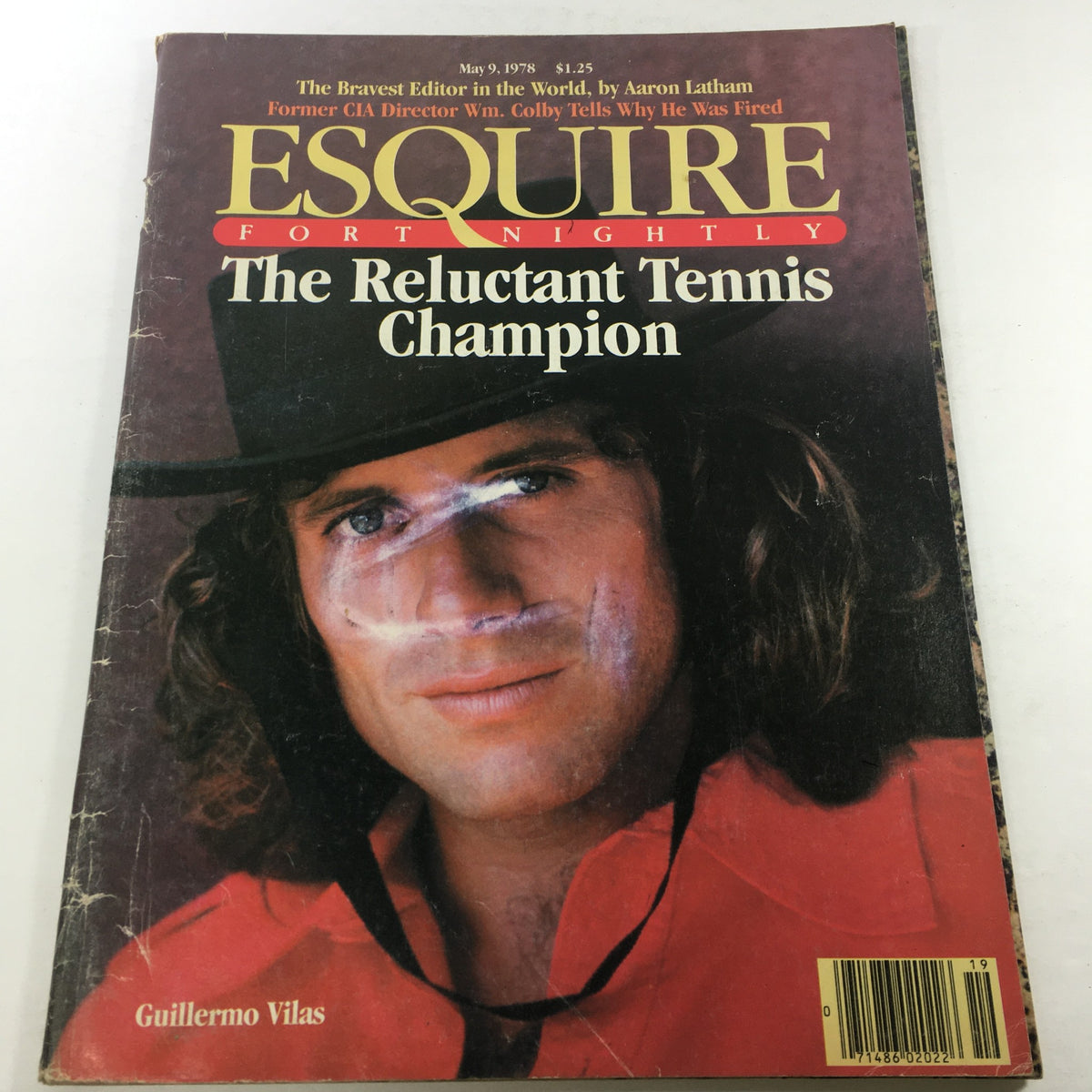 Vintage Esquire Magazine cover from May 9, 1978, featuring Guillermo Vilas, the reluctant tennis champion, highlighting his iconic look with a hat and unique style.