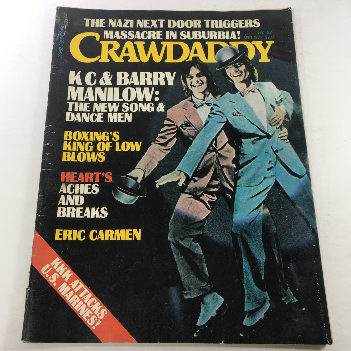 Crawdaddy Magazine, September 1977 issue featuring K.C. and Barry Manilow on the cover, highlighting their musical roles with vibrant colors and bold text, collectible vintage magazine.