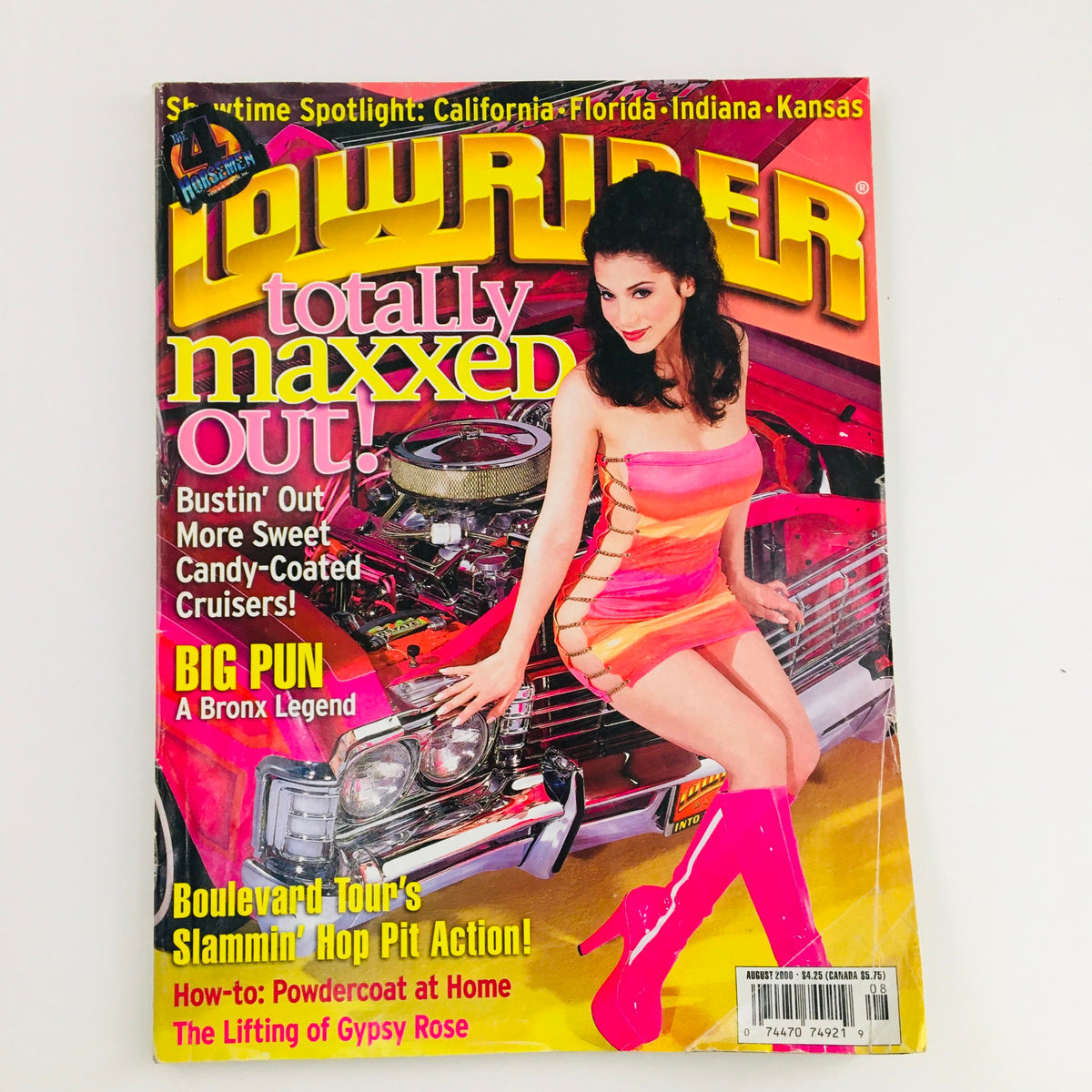 Cover of LowRider Magazine August 2000 featuring the title 'Totally maxxed out!' with a vibrant image of a model in a pink outfit promoting lowrider culture, highlighting 'The Lifting of Gypsy Rose & Bronx Legend'.