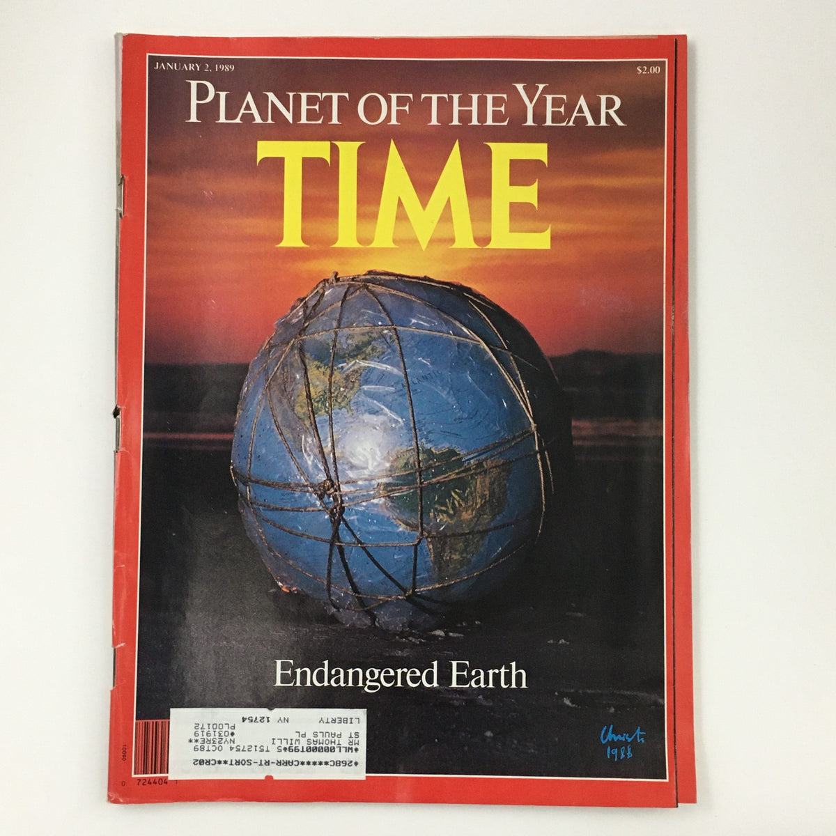 Time Magazine January 2, 1989 issue featuring the cover 'Planet of the Year' with a visual of Earth enclosed in a wireframe. The cover highlights the theme 'Endangered Earth', reflecting on environmental challenges of the time.