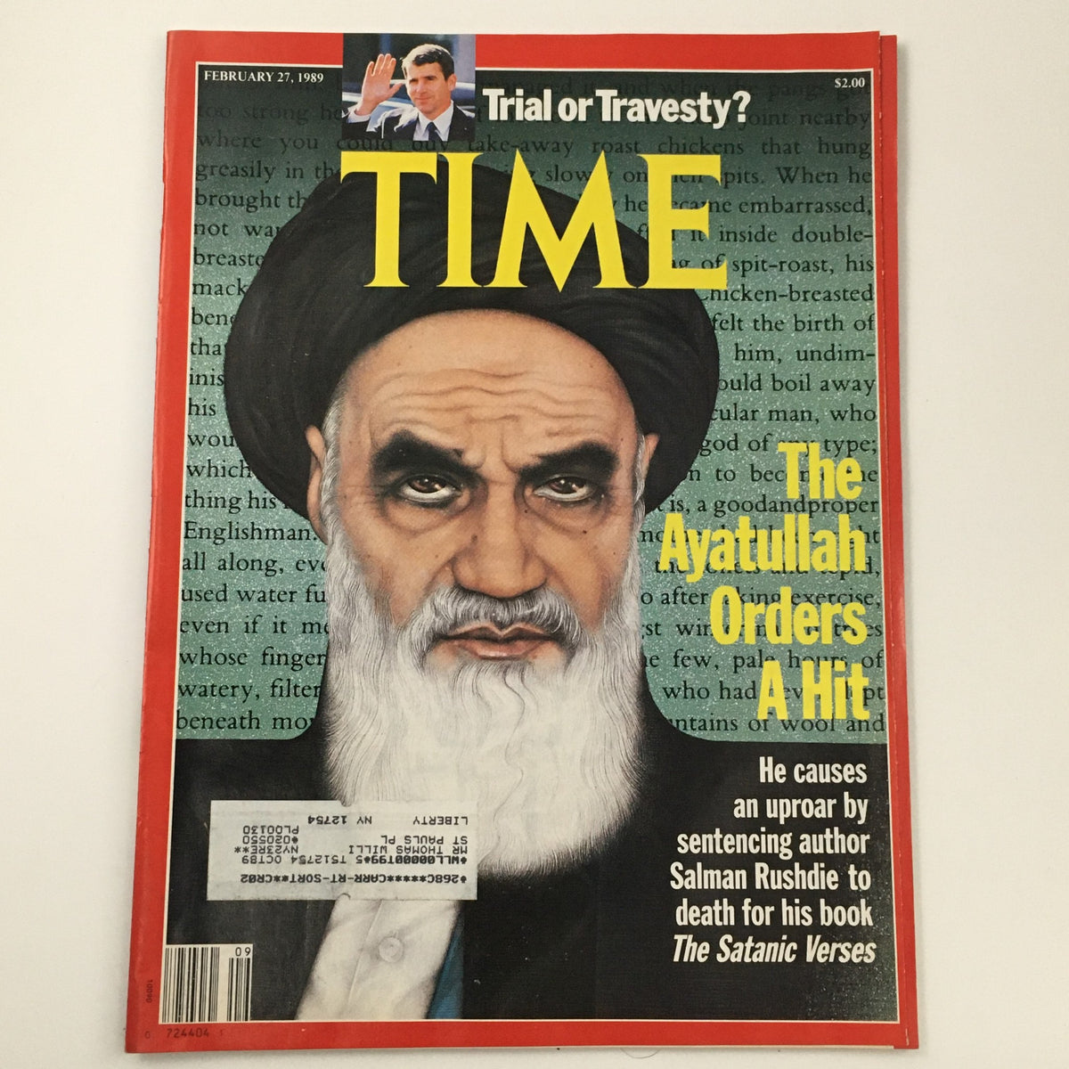 Cover of Time Magazine, February 27, 1989, featuring The Ayatullah Ruhollah Khomeini Orders A Hit, showcasing Khomeini with a serious expression against a background of text.