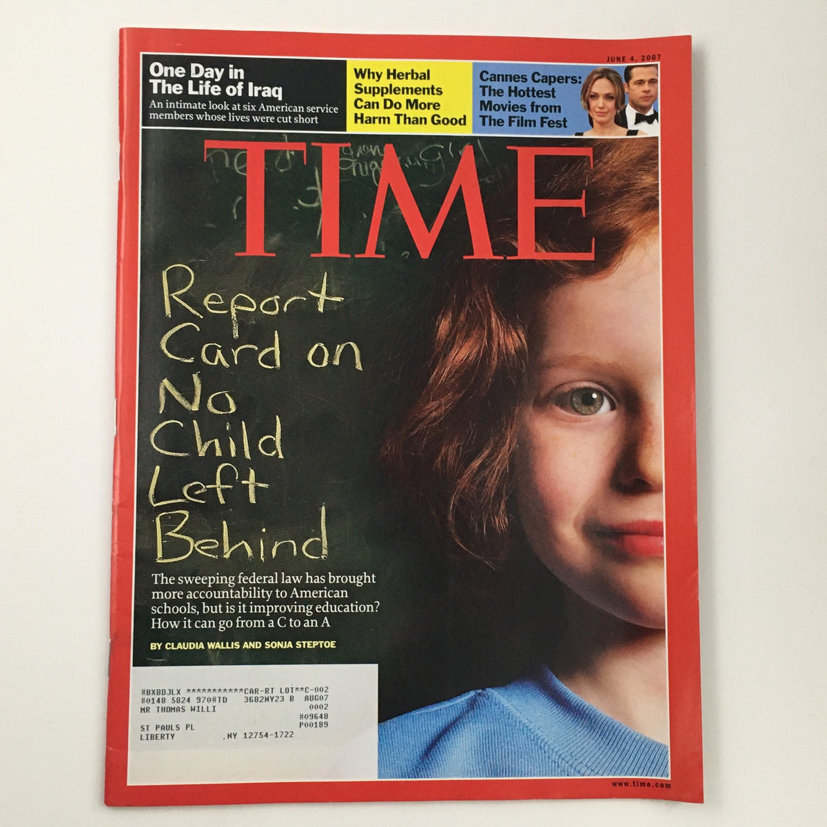 Cover of Time Magazine from June 4, 2007, featuring the title 'Report Card on No Child Left Behind' by Claudia Wallis, showcasing an educational theme with a child's face and chalkboard background.