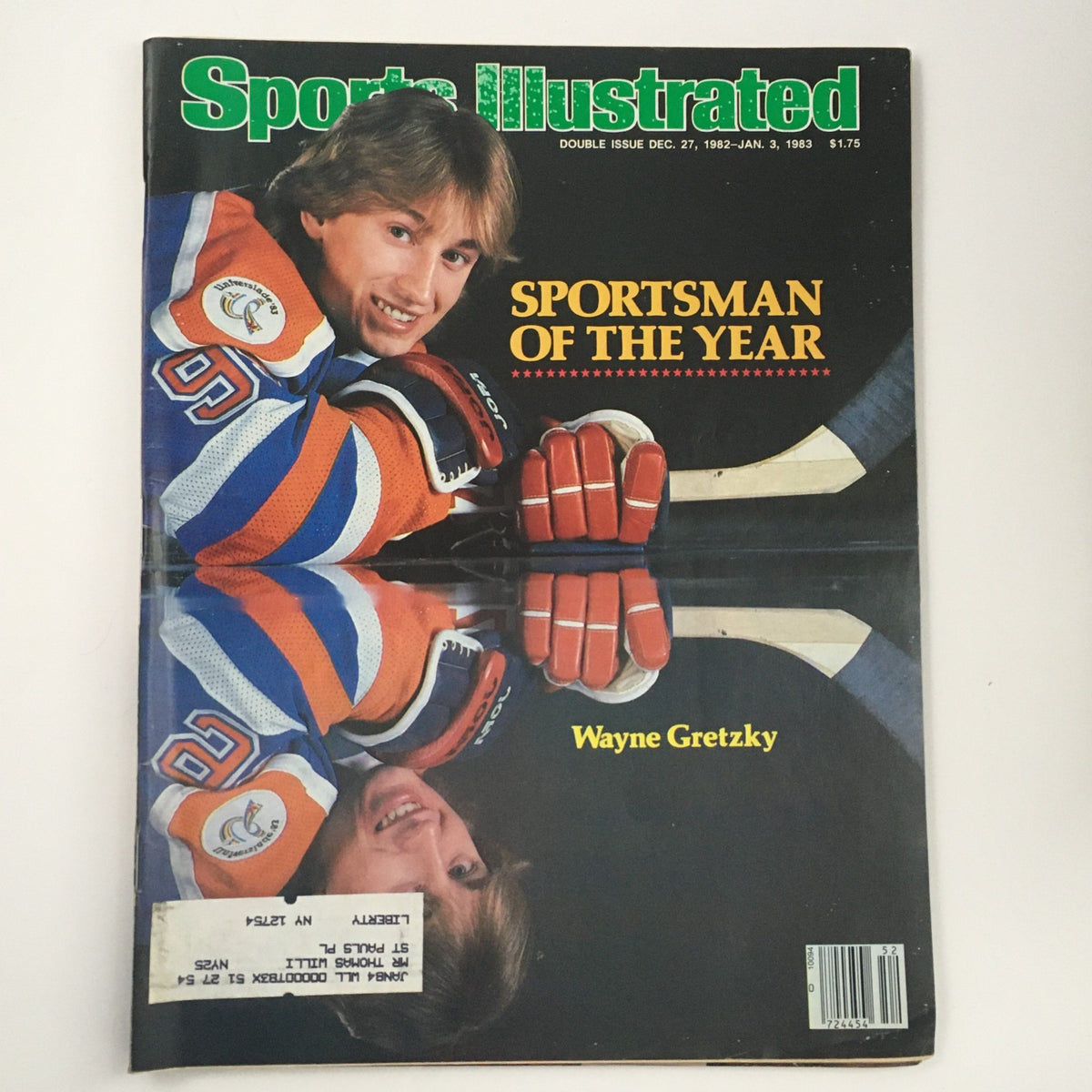 Cover of Sports Illustrated Magazine from December 27, 1982, featuring Wayne Gretzky as Sportsman of the Year, showcasing the hockey legend in his team jersey and hockey equipment.