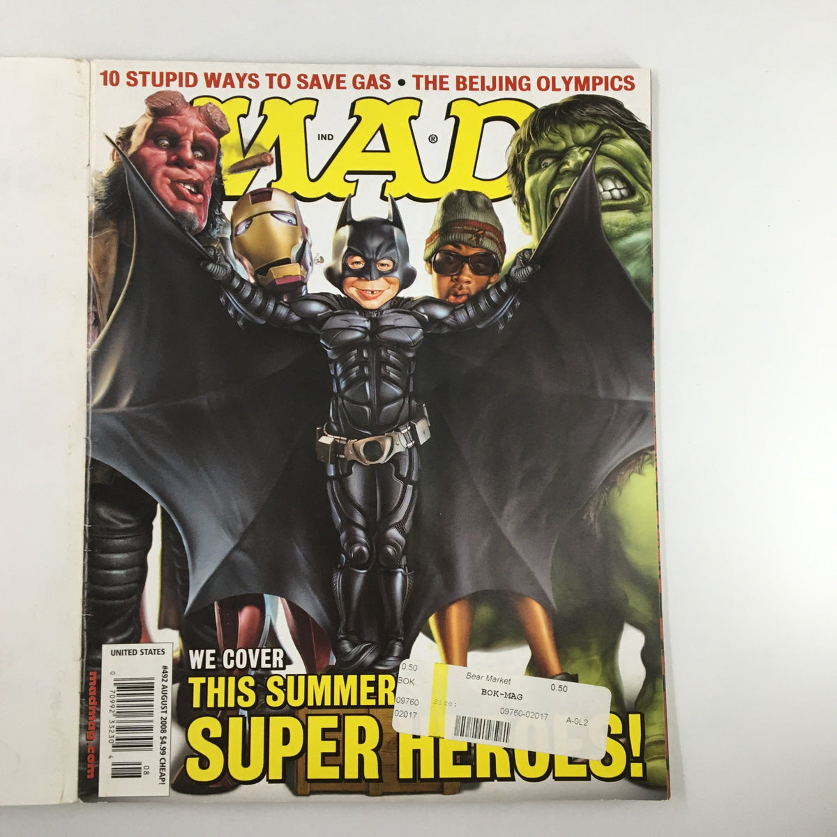 Cover of Mad Magazine August 2008 featuring Hellboy, Batman, Iron Man, and The Hulk, showcasing superhero culture in comics.