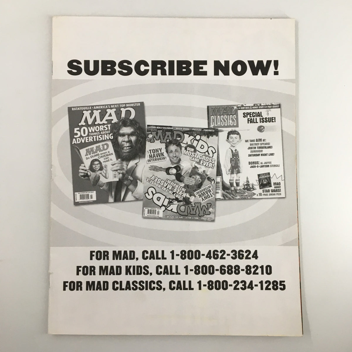 Advertisement page from Mad Magazine August 2008 promoting subscription options for Mad and Mad Kids magazines.
