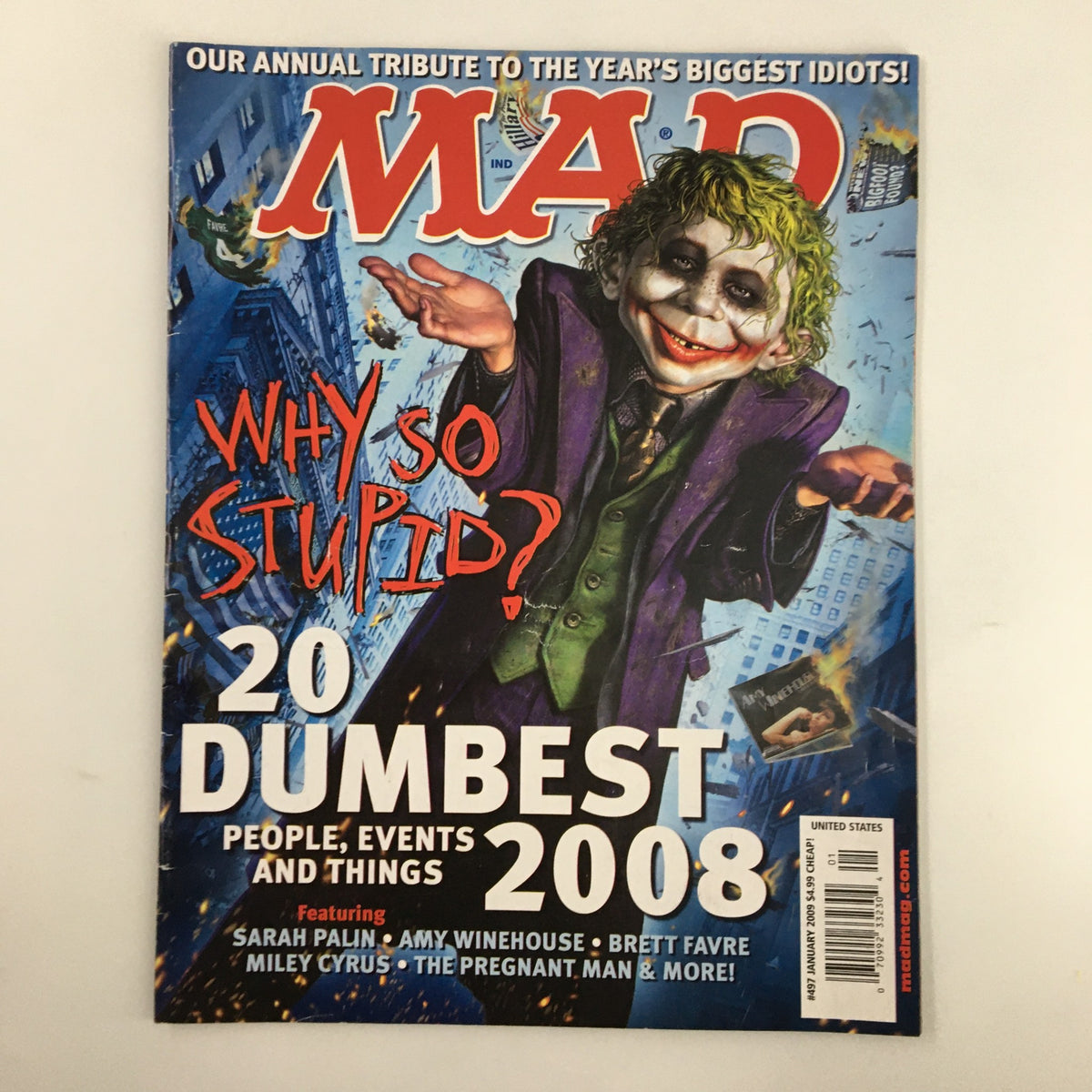 Cover of Mad Magazine January 2009 No. 497 featuring The Joker in a humorous portrayal titled 'Why So Stupid?' with colorful artwork and comic style.