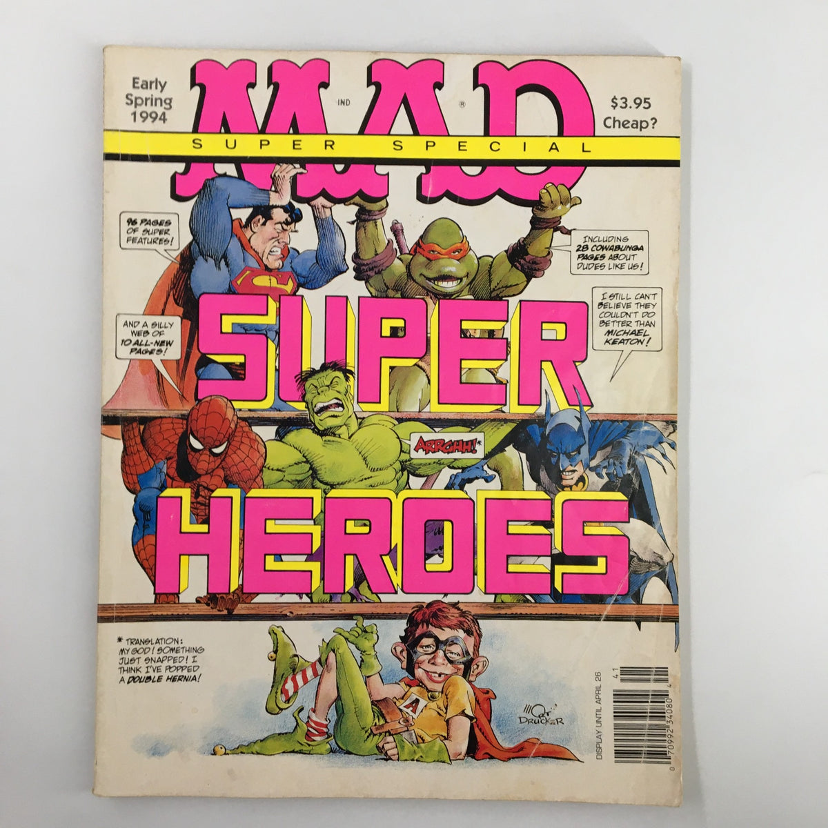 Cover of Mad Magazine Spring 1994 Super Heroes issue featuring Superman, Ninja Turtles, and Spiderman with vibrant titles.