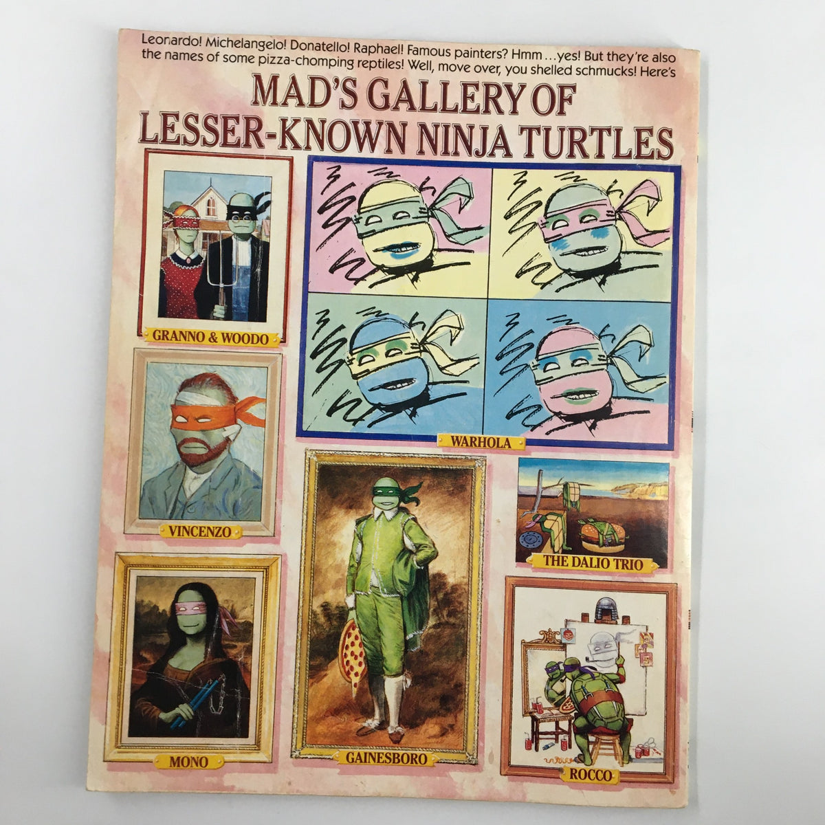Back cover of Mad Magazine Spring 1994 featuring an artistic gallery called 'MAD'S GALLERY OF LESSER-KNOWN NINJA TURTLES'.
