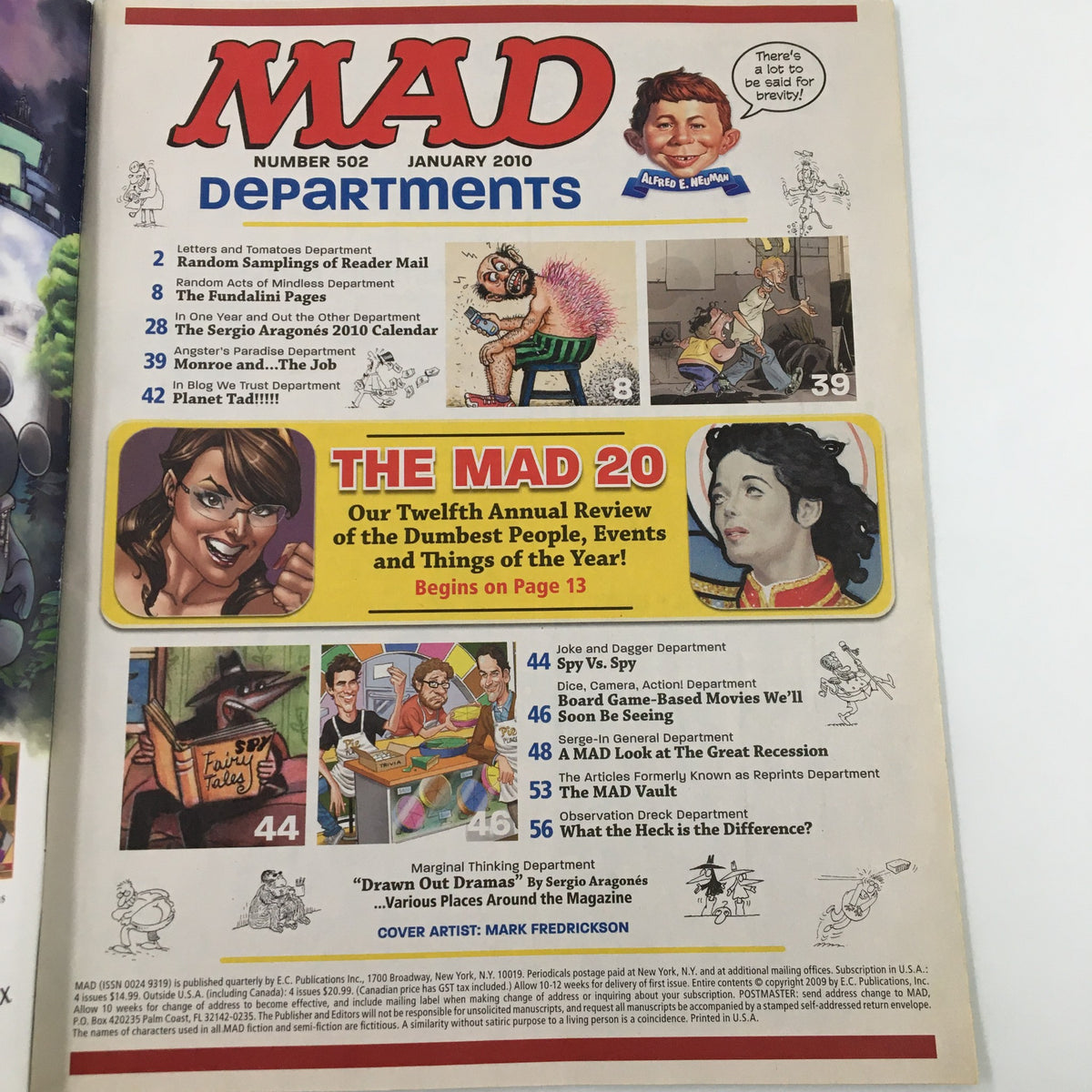 Interior page of Mad Magazine January 2010 No. 502, displaying the departments section. The layout includes humorous titles and various departments featuring comedic commentary on pop culture.