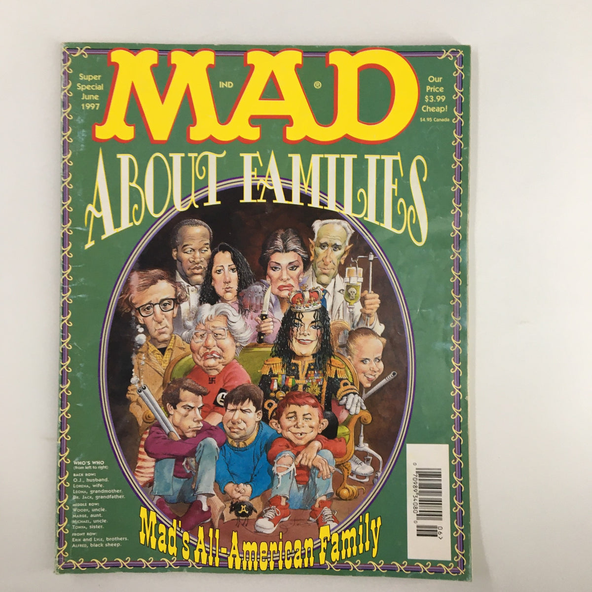 Cover of Mad Magazine June 1997 titled 'MAD About Families', featuring caricatures of various characters including Michael Jackson. This collectible vintage magazine is known for its comedic take on family life from the late '90s.