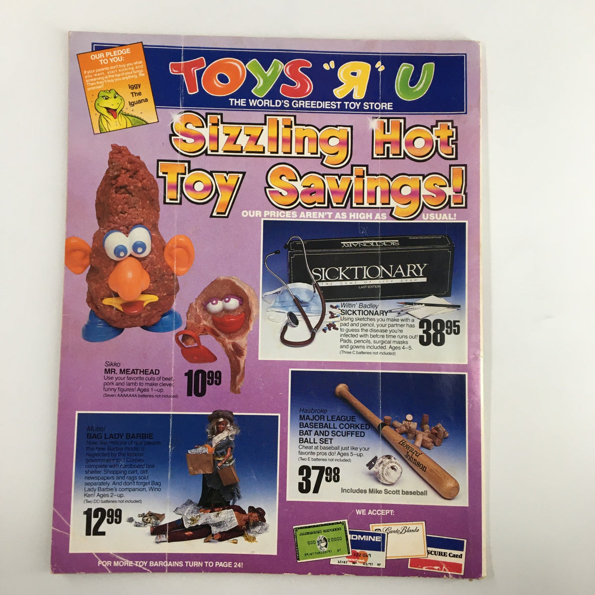 Back cover of a Toys 'R' Us advertisement featuring toy savings, emphasizing nostalgic products alongside the Mad Magazine July 1995 O.J. Simpson issue.