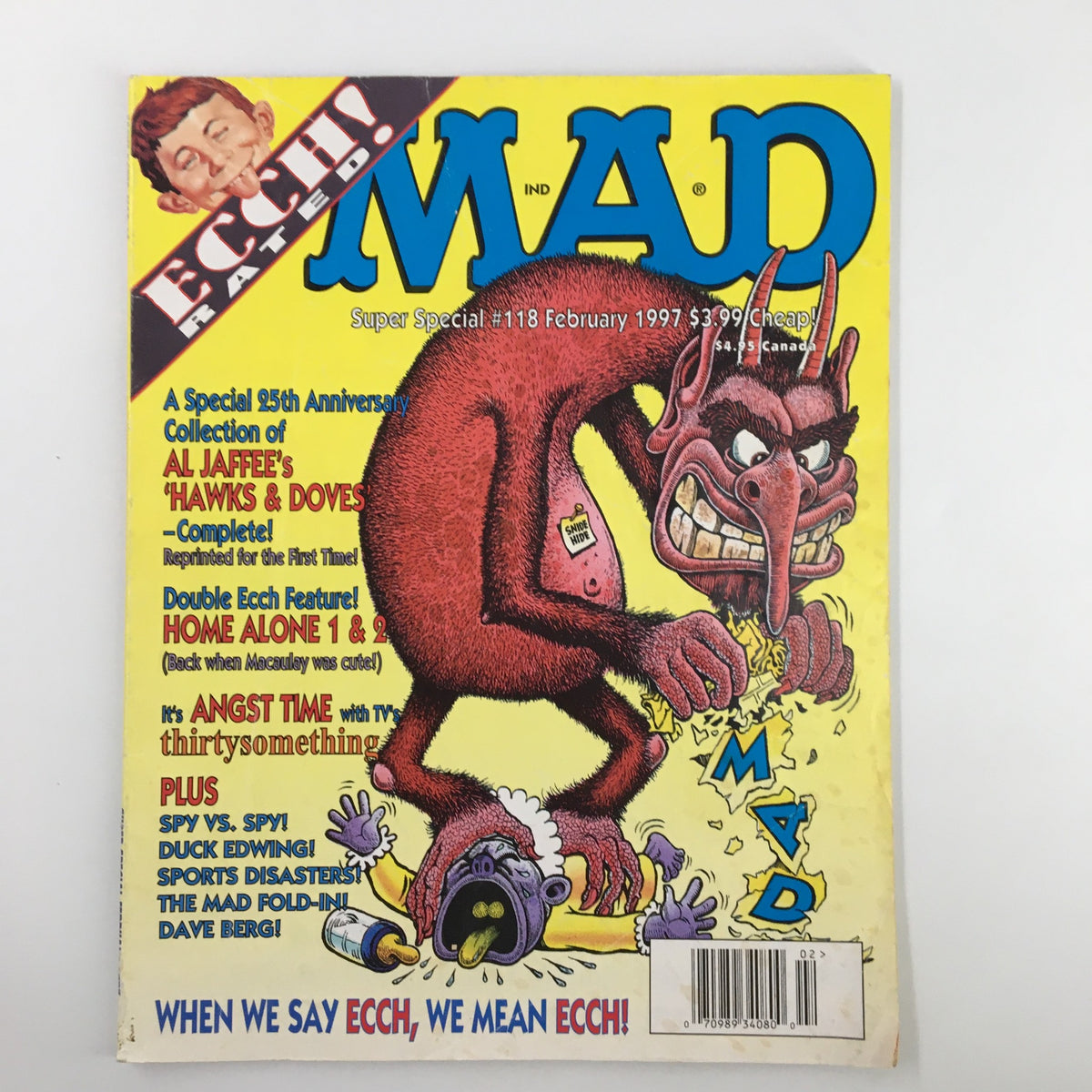 Cover of Mad Magazine February 1997 No. 118 showcasing Al Jaffee's 'Hawks and Doves' with a vibrant illustration featuring a devilish character. The cover highlights the magazine's price and special features.