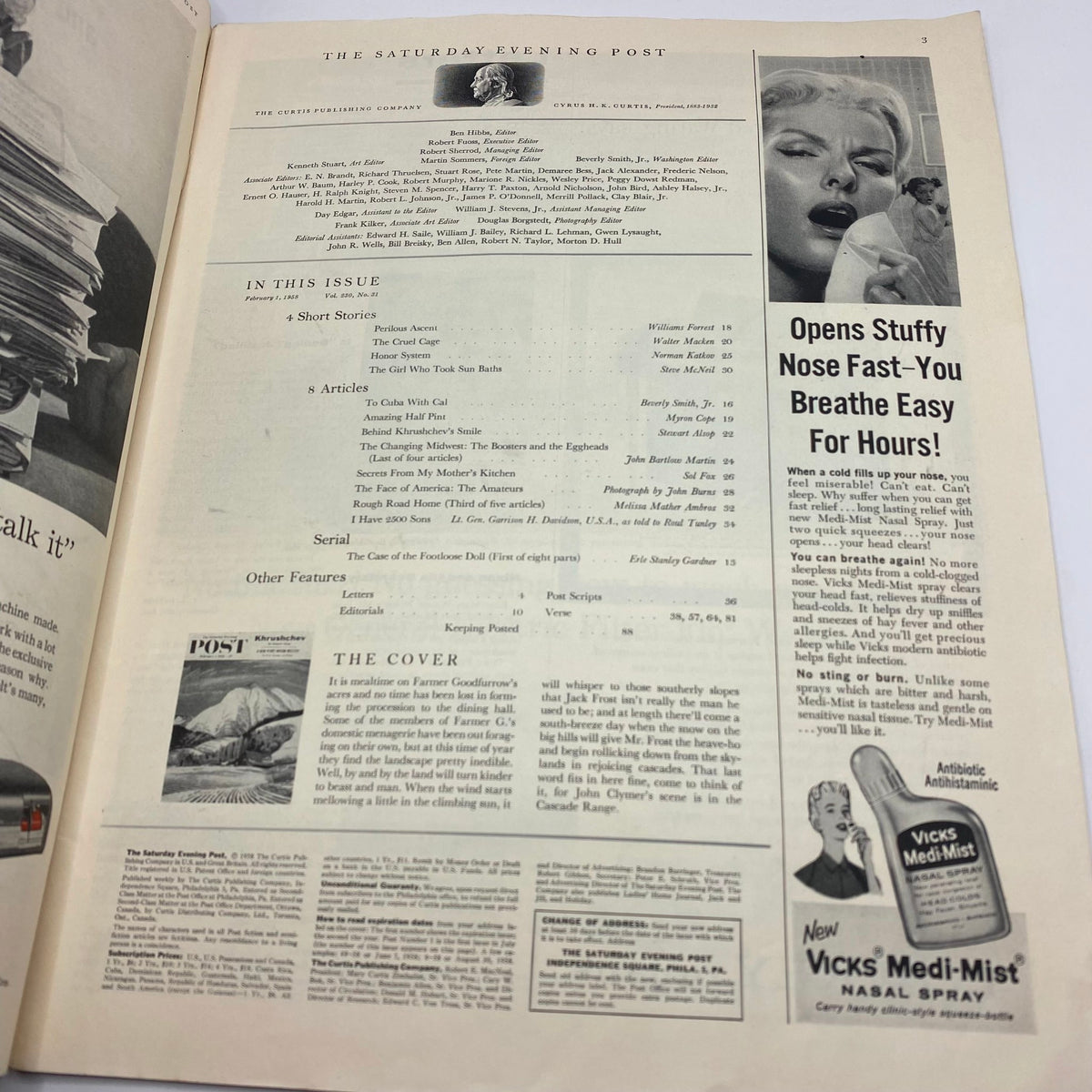 Interior page of the Saturday Evening Post Magazine February 1, 1958 displaying magazine contents including articles, features, and advertisements, with a vintage aesthetic.