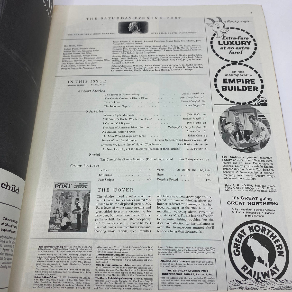 Inside page of the Saturday Evening Post Magazine dated November 22, 1958, displaying the contents and articles included in that issue.