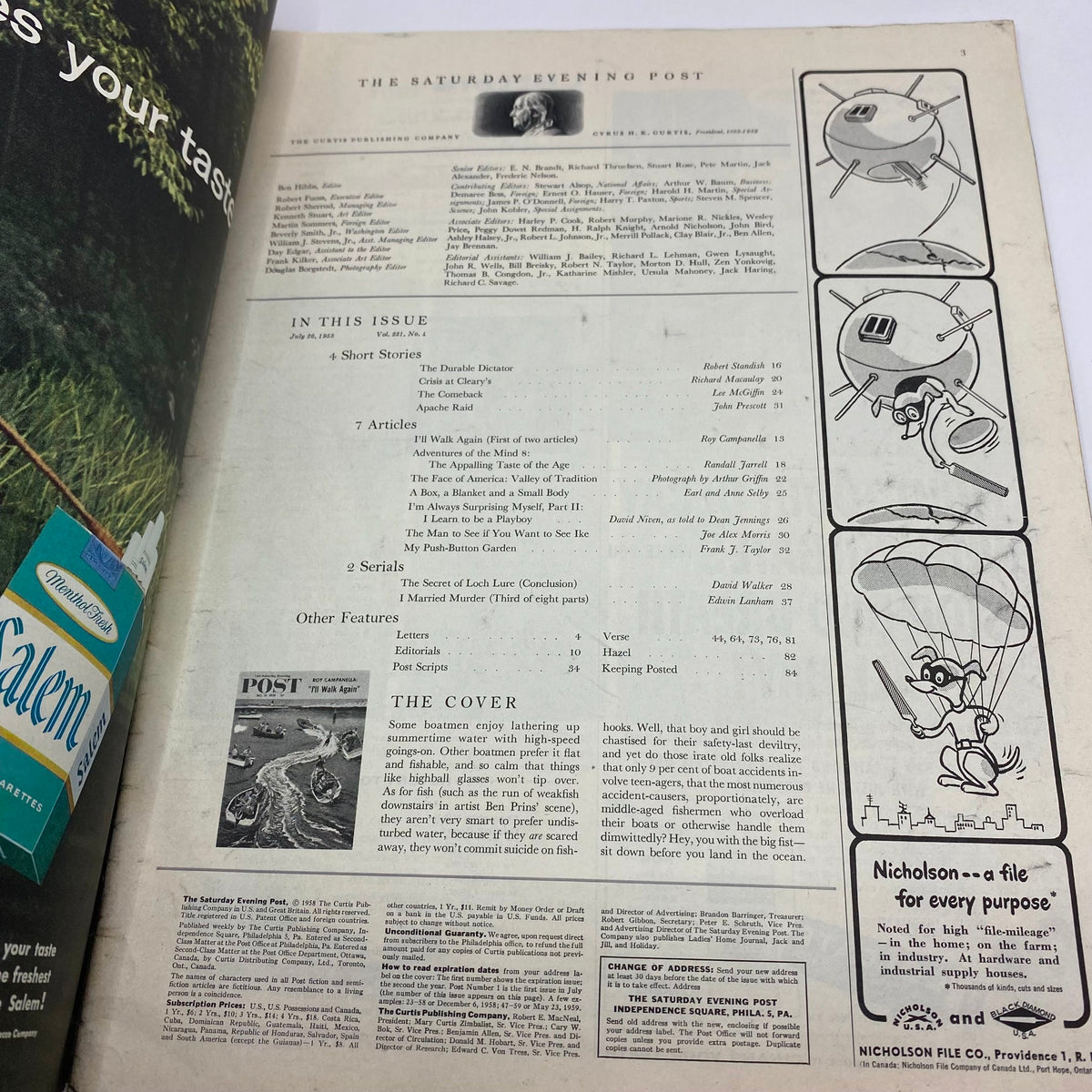 Inside page of Saturday Evening Post Magazine from July 26, 1958 listing articles and features including a cover story titled 'I'll Walk Again'.