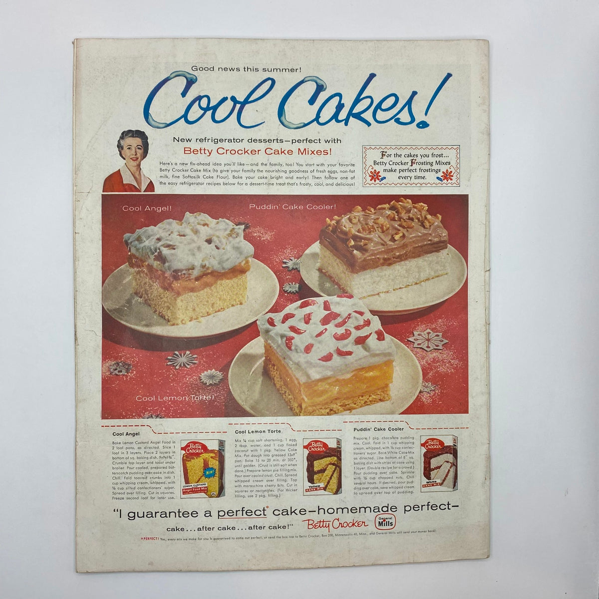 Advertisement for Betty Crocker cake mixes titled 'Cool Cakes!' from the back cover of Saturday Evening Post Magazine August 9, 1958.