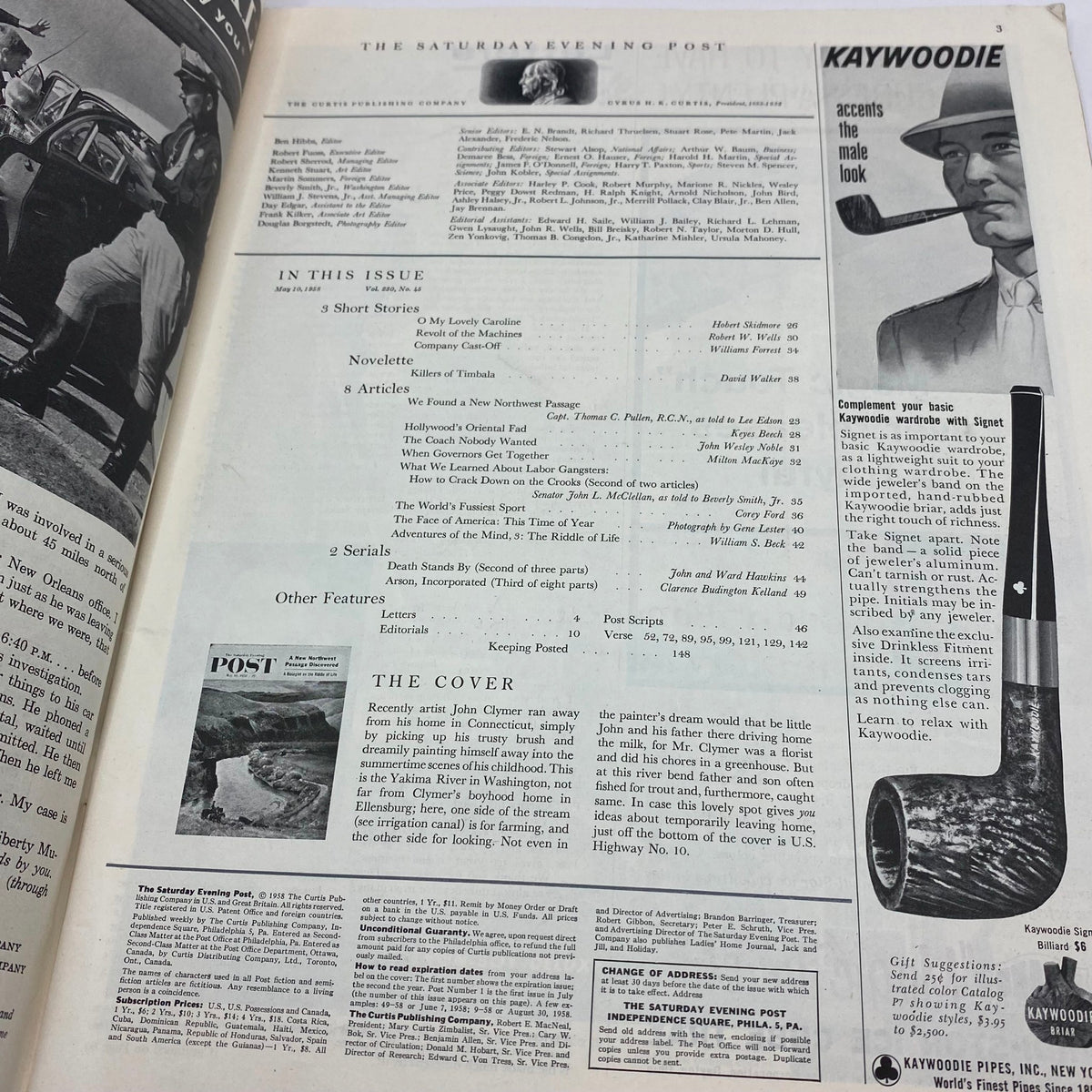Inside page of the Saturday Evening Post Magazine from May 10, 1958, showcasing articles and the cover image of Yakima River by John Clymer.