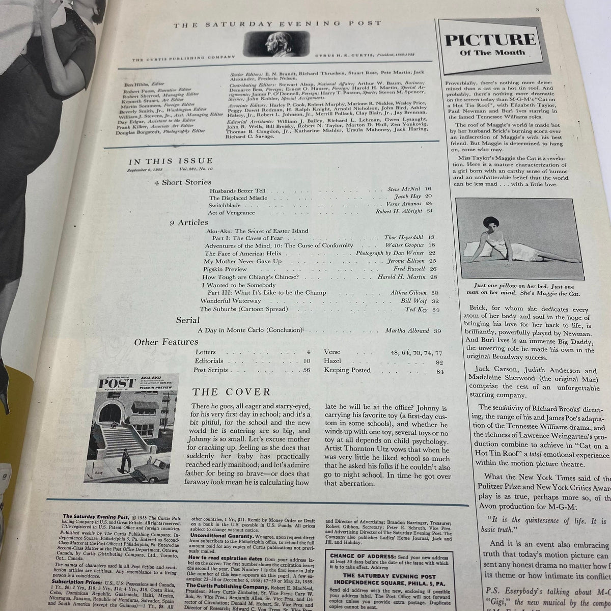 Inside page of the Saturday Evening Post Magazine from September 6, 1958, displaying the contents including articles and features related to the magazine edition.