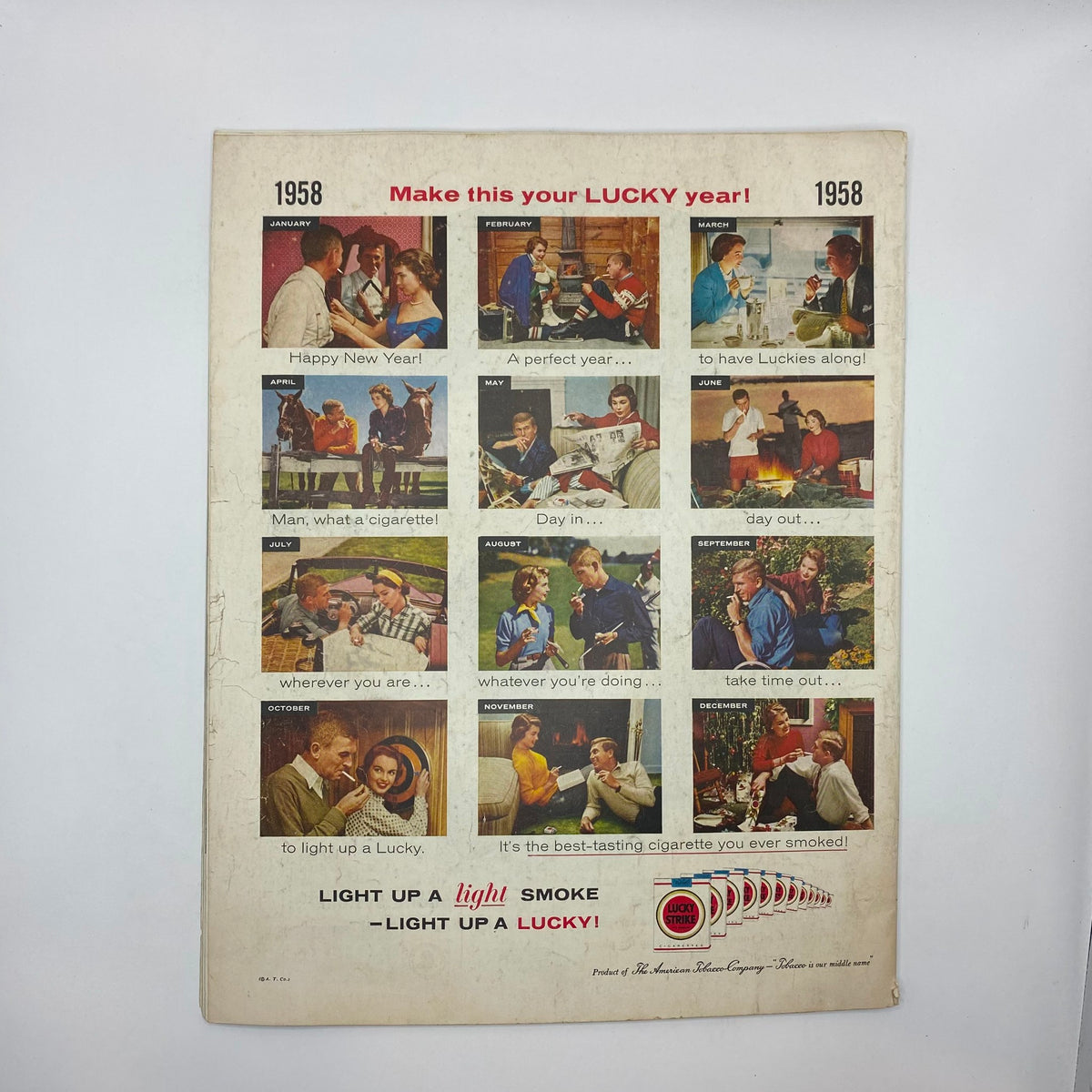 Back cover of the Saturday Evening Post Magazine January 4, 1958 showcasing advertisements, including a Lucky Strike cigarette promotion.