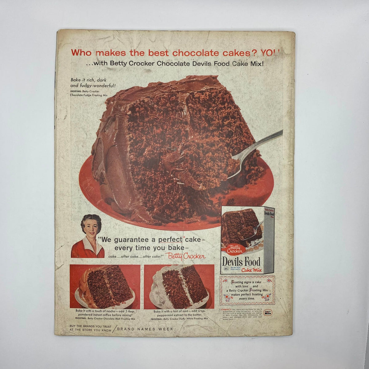 Cover of Saturday Evening Post Magazine from April 18, 1959, featuring a vintage advertisement for Betty Crocker Chocolate Devils Food Cake Mix, showcasing a rich chocolate cake and various serving suggestions.