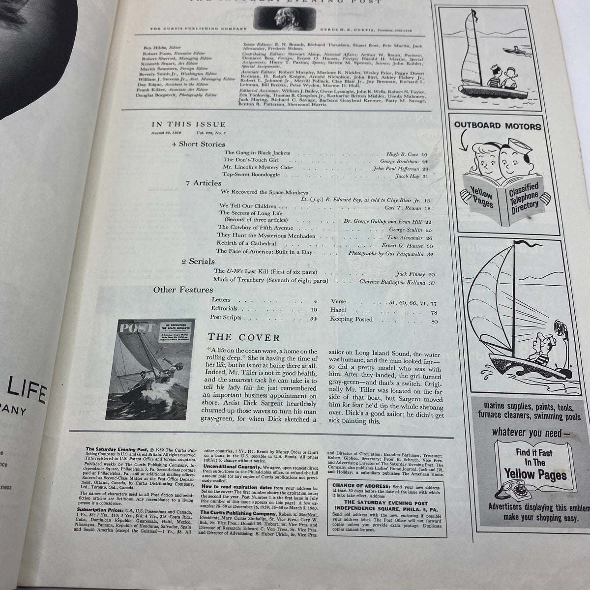 Interior page of Saturday Evening Post Magazine from August 22, 1959, listing articles including 'We Recovered the Space Monkeys' and details about the featured cover illustration by Dick Sargent.