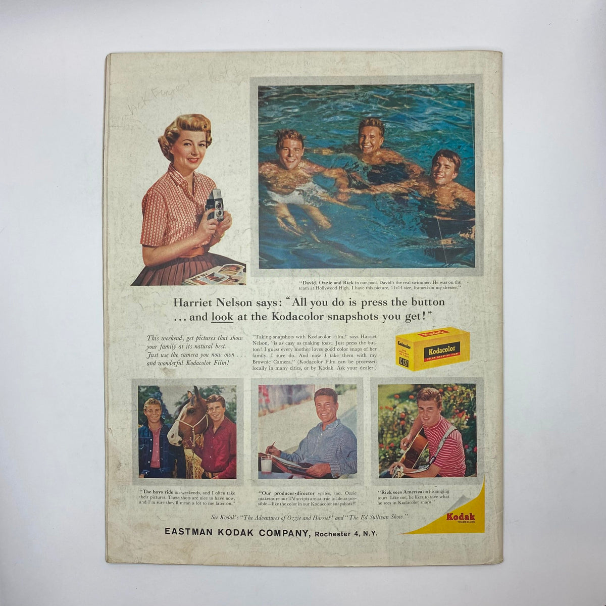 Back cover of the Saturday Evening Post Magazine August 22 1959 featuring a Kodak advertisement with Harriet Nelson and snapshots showcasing family moments. Includes colorful images of swimming and recreation, highlighting 1950s nostalgia.