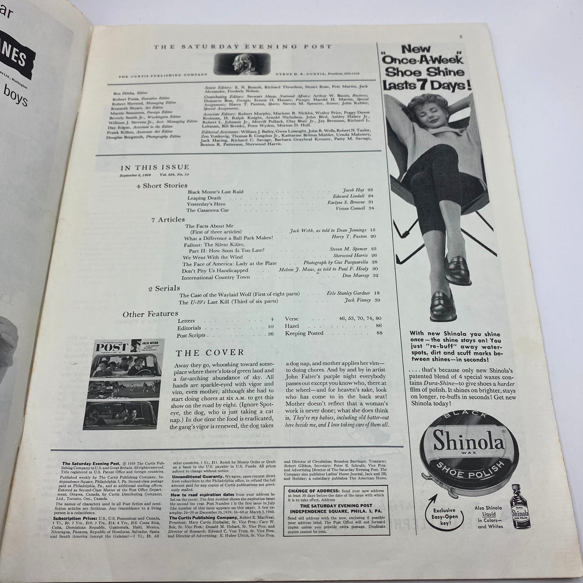 Interior page of Saturday Evening Post Magazine September 5, 1959 showing table of contents and articles. This vintage magazine features stories and features reflective of the era's culture.