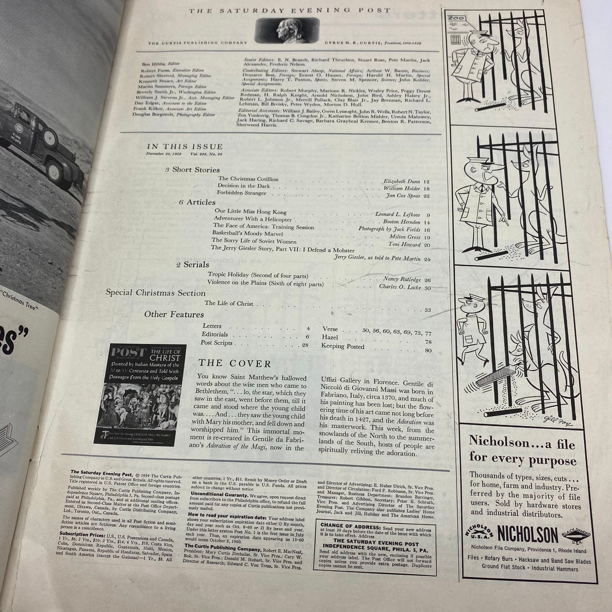 Inside page of Saturday Evening Post Magazine December 26, 1959 listing contents including short stories and articles from this historical issue.