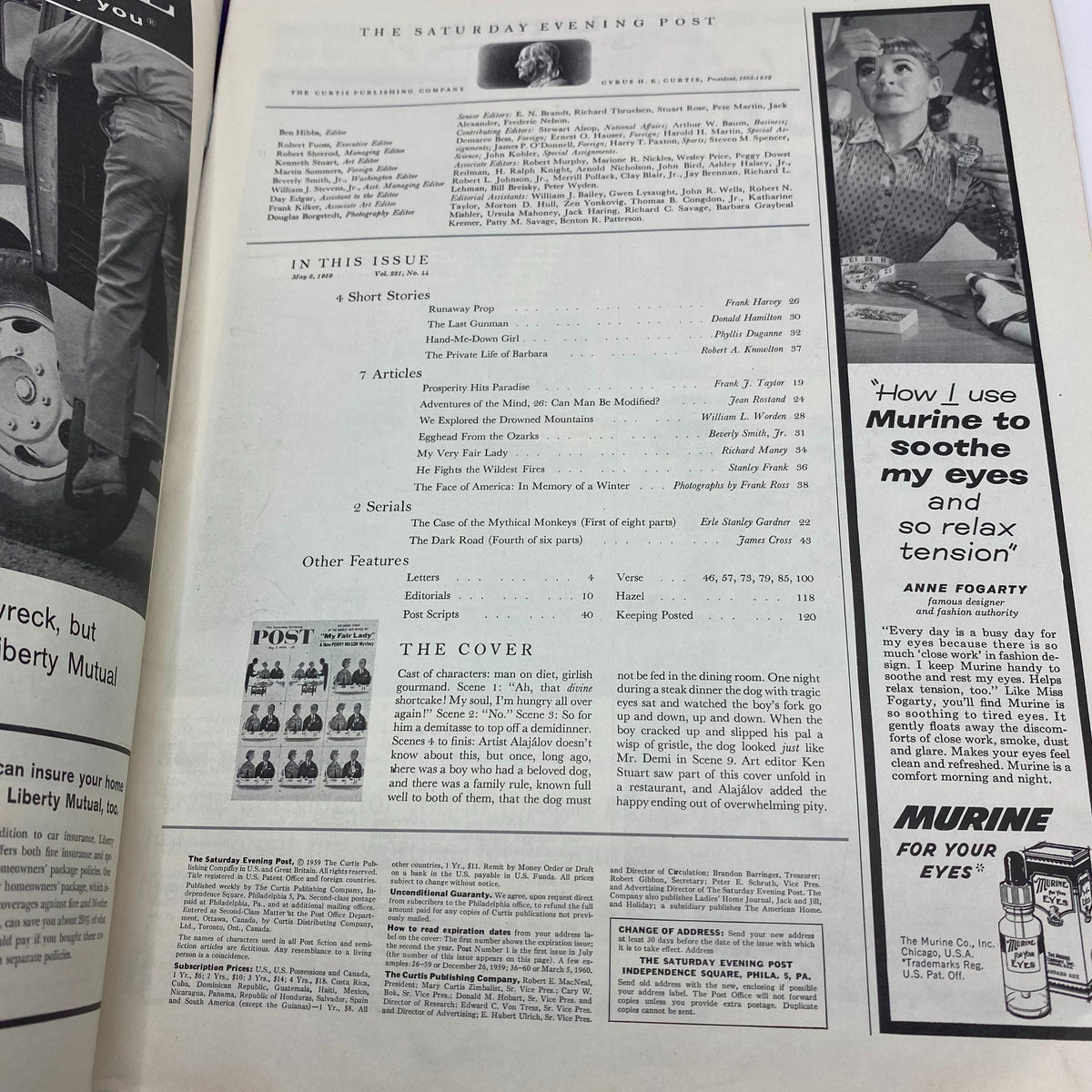 Inside page of the Saturday Evening Post Magazine from May 2, 1959, showing the table of contents and various articles, including features on short stories and serials.