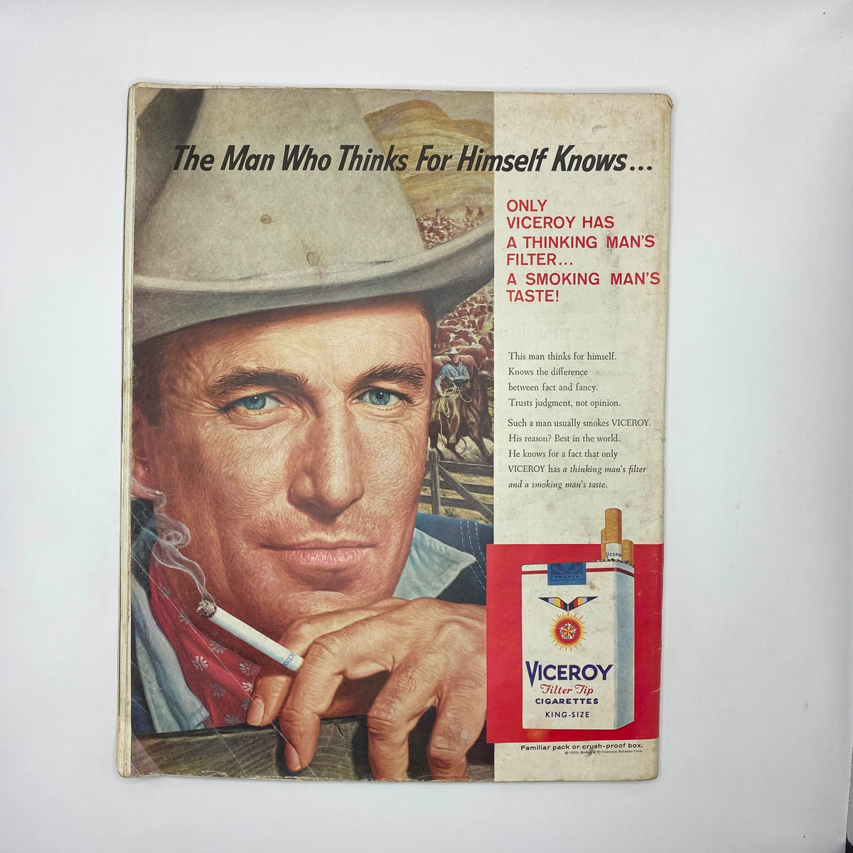 Back cover of the Saturday Evening Post Magazine dated May 2, 1959, featuring an advertisement for Viceroy cigarettes with a cowboy illustration. The tagline emphasizes the unique filter of Viceroy cigarettes.