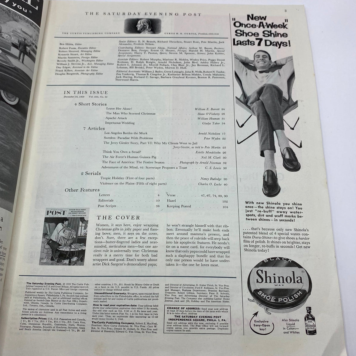 Inside page of Saturday Evening Post Magazine December 19, 1959, listing article titles and features, including short stories and advertisements.