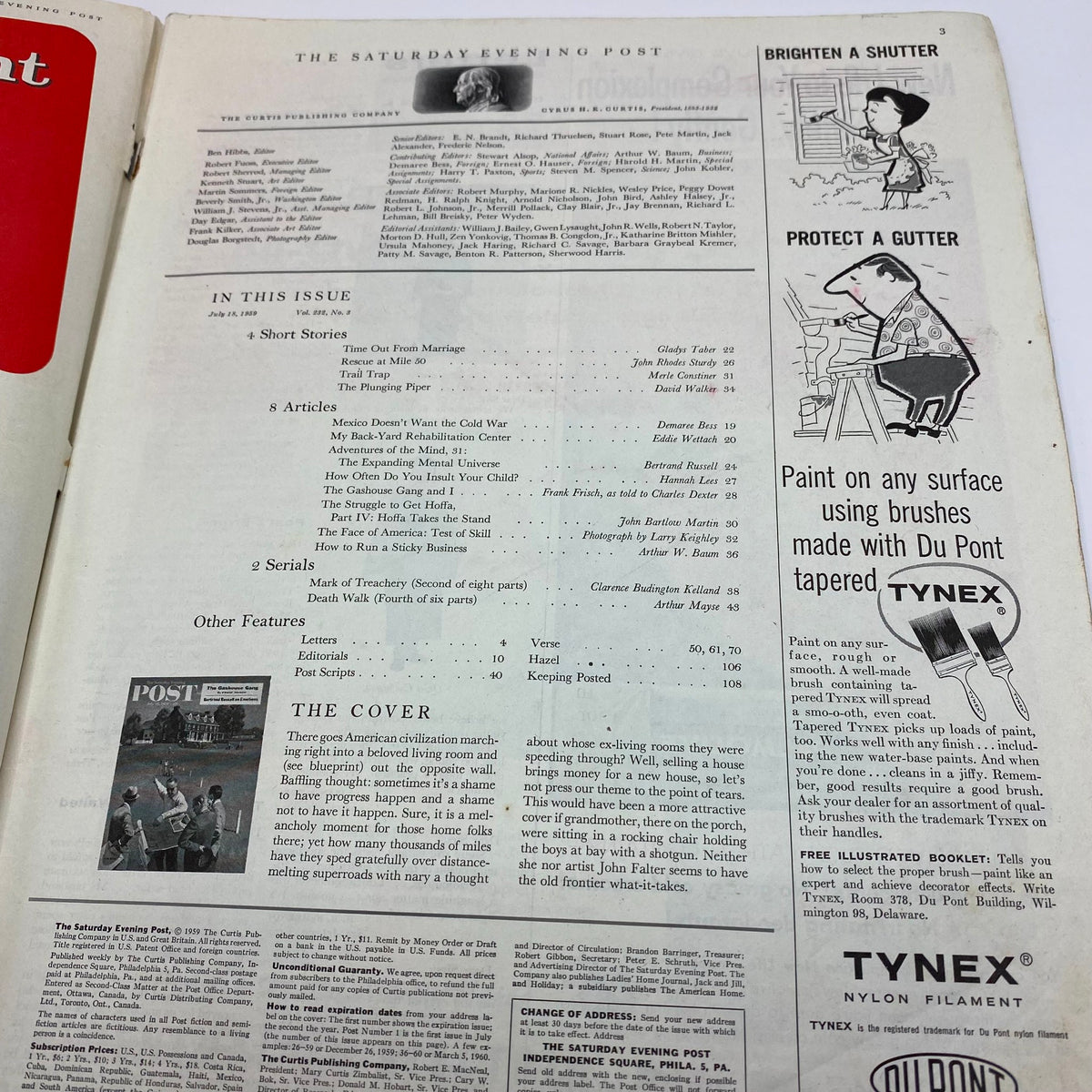 Interior page of the Saturday Evening Post Magazine July 18, 1959 showcasing the table of contents, featuring various articles and stories.