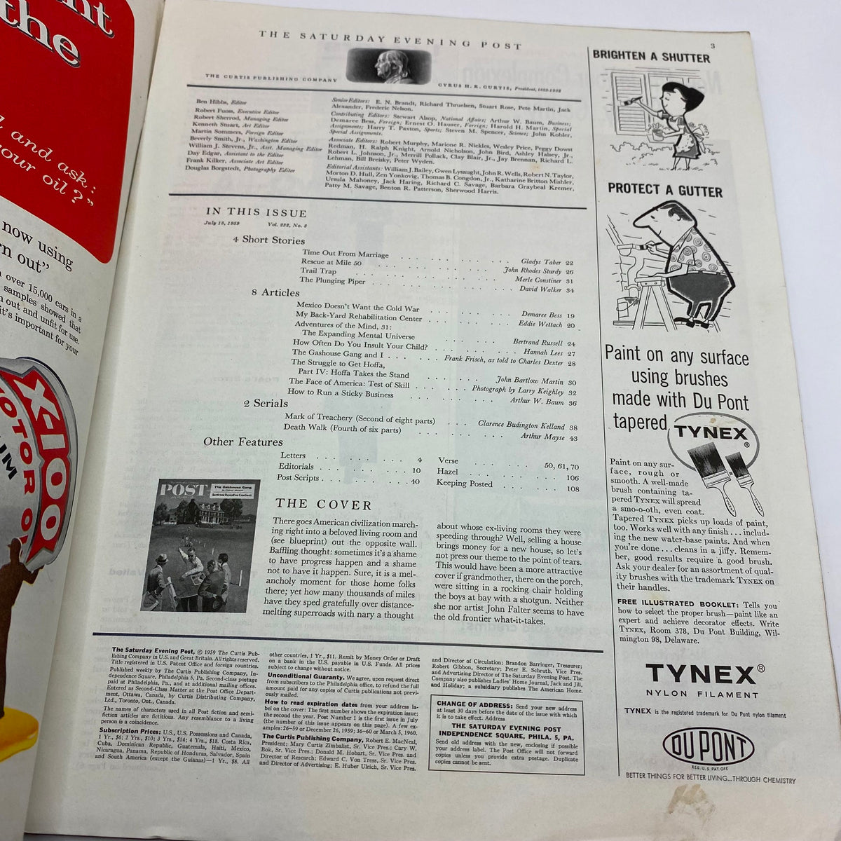 Interior page of the Saturday Evening Post Magazine dated July 18, 1959, displaying the table of contents and articles, reflecting the cultural themes of the 1950s.