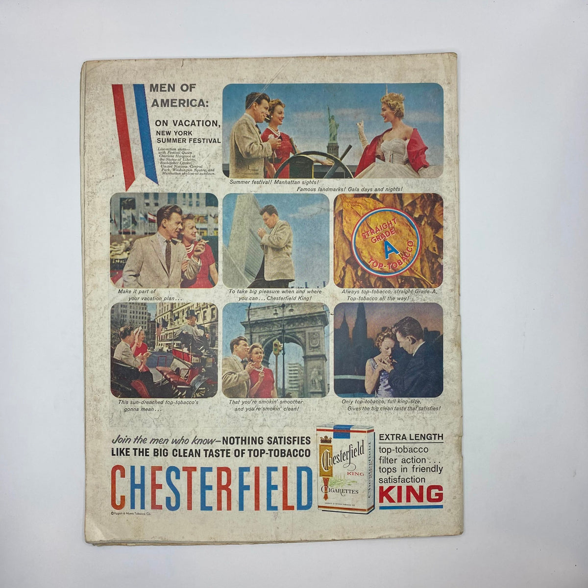 Back cover of the Saturday Evening Post Magazine from July 18, 1959, featuring an advertisement for Chesterfield cigarettes and images depicting summer festival activities in New York City. The artwork illustrates iconic areas and cultural moments from American civilization, aligning with the magazine's historical significance.