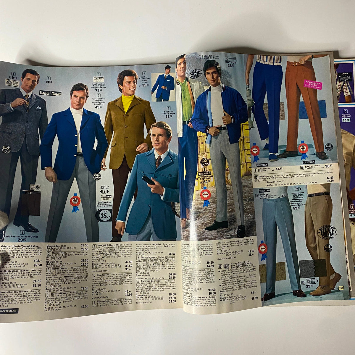 1969 Neckermann Sommer Catalog page showcasing men's fashion with tailored suits and modern casual wear styles.