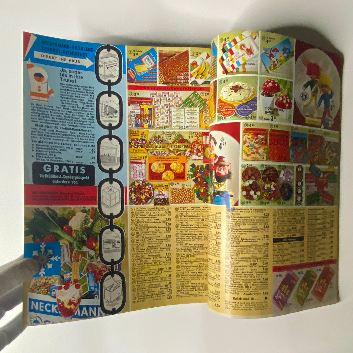 Inside view of the 1969 Neckermann Sommer Catalog showcasing various food and consumer products including candies, groceries, and household items.