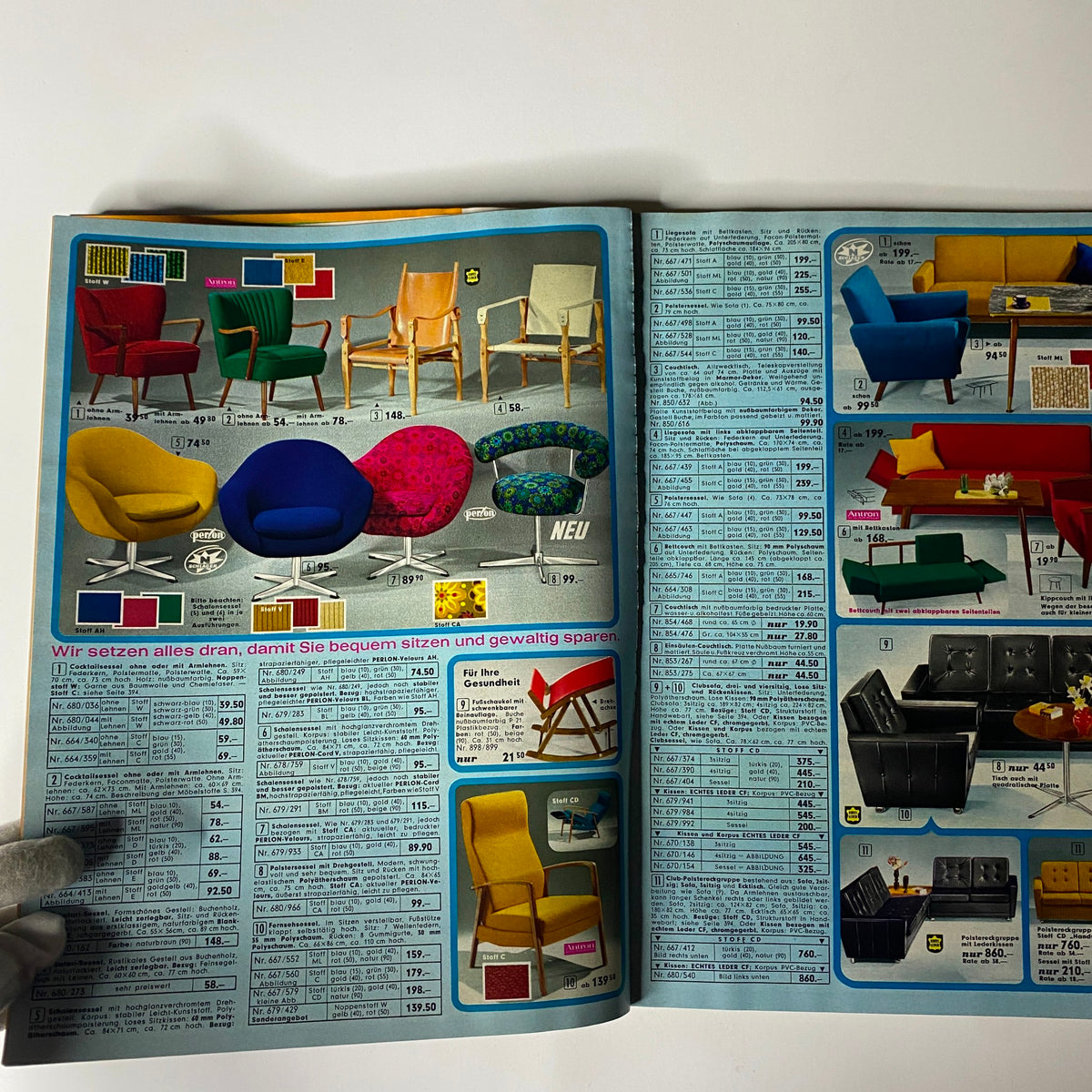 Furniture section from the 1969 Neckermann Sommer Catalog displaying colorful chairs and sofas with detailed pricing information.