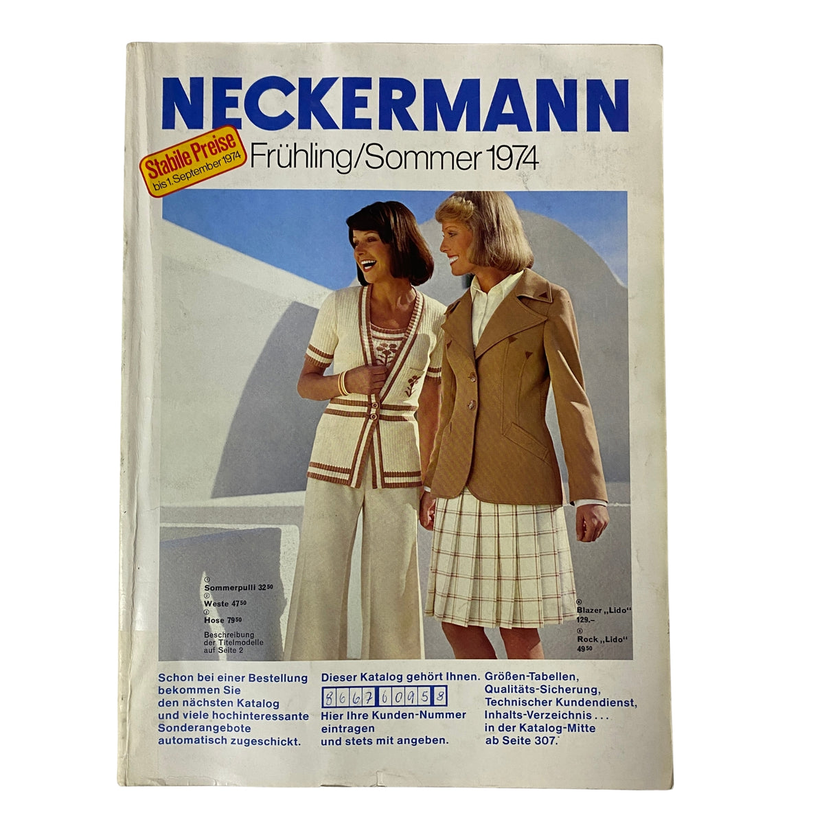 Cover of the 1974 Neckermann Sommer Catalog, featuring two women in summer outfits with stylish designs, showcasing mid-1970s fashion trends.