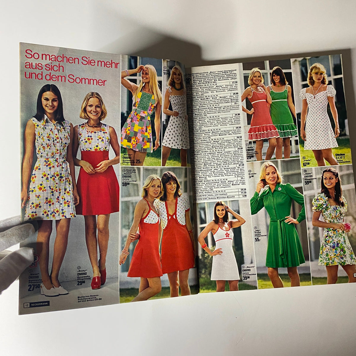 1974 Neckermann Sommer Catalog featuring summer fashion styles including dresses and accessories modeled by women in vibrant prints and colors.