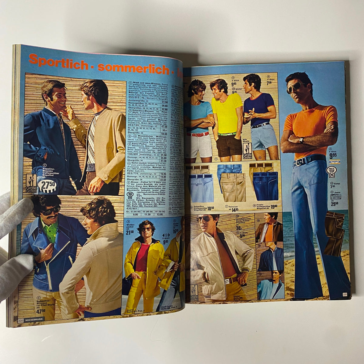 1974 Neckermann Sommer Catalog illustrating men's summer fashion with colorful shirts, jackets, and trendy shorts modeled by stylish men.