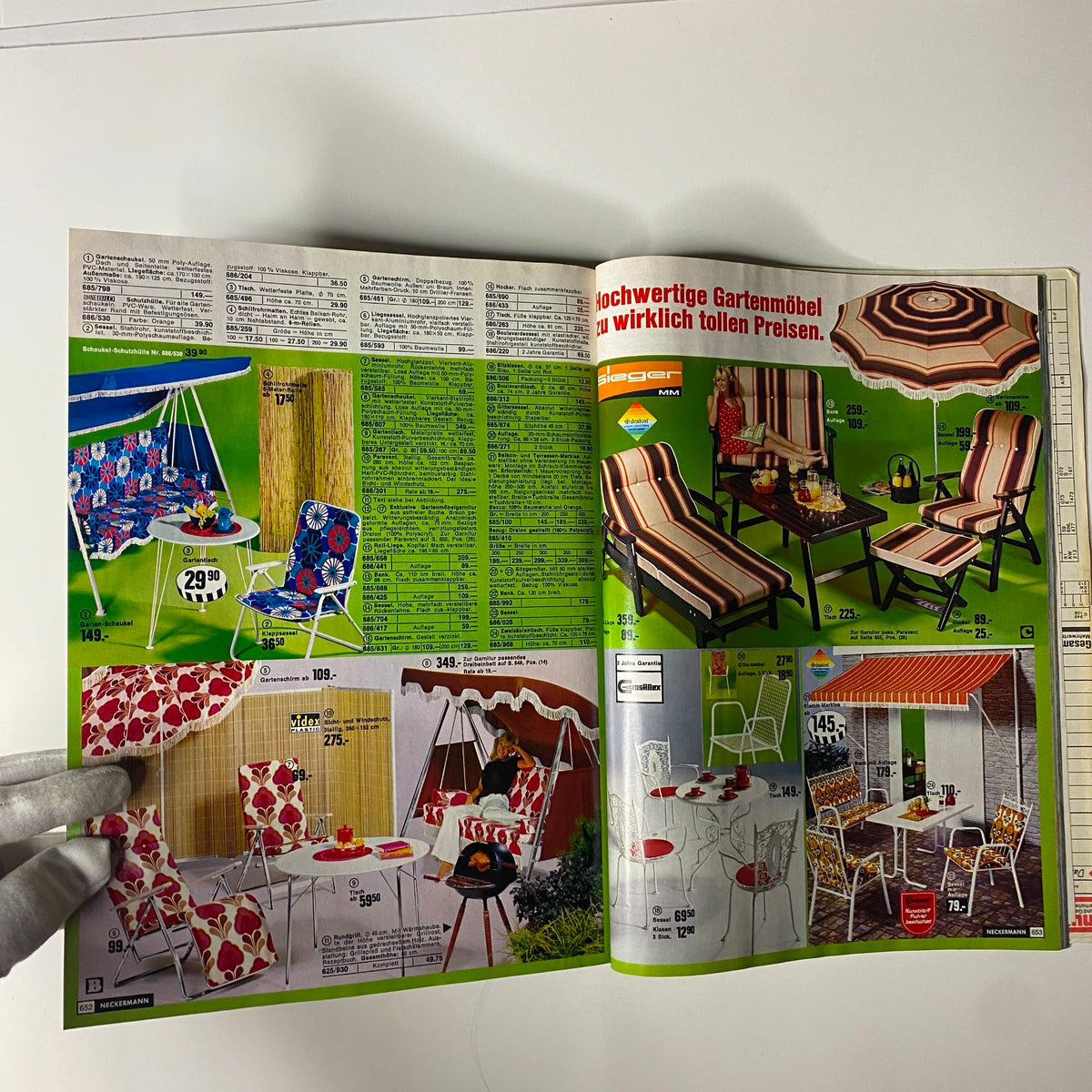 Garden furniture and leisure items featured in the 1974 Neckermann Sommer Catalog, presenting a variety of outdoor seating and accessories ideal for summer relaxation.