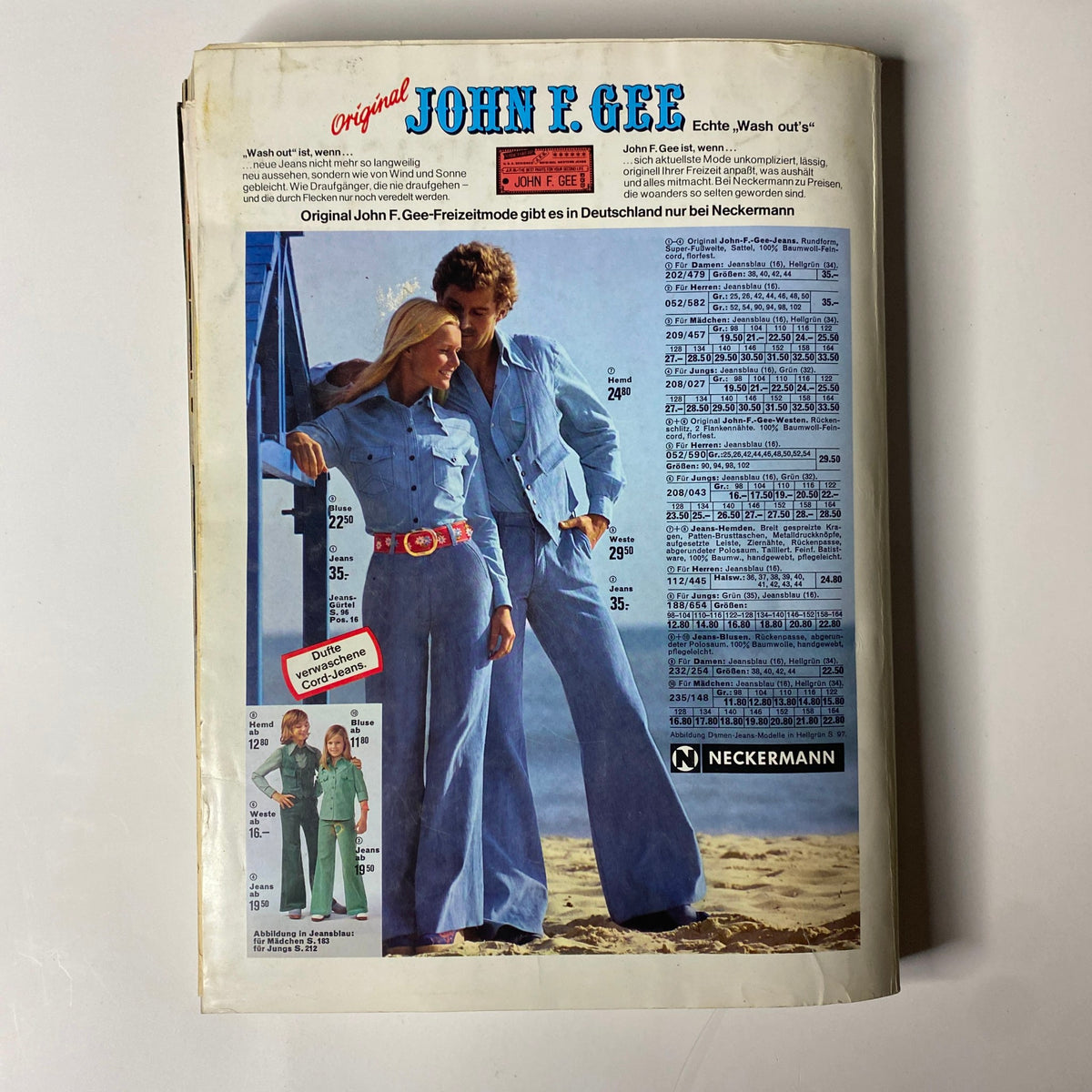 1974 Neckermann Sommer Catalog featuring a fashion page with models wearing John F. Gee outfits on the beach, showcasing retro style trends from the mid-1970s, ideal for collectors of vintage fashion.