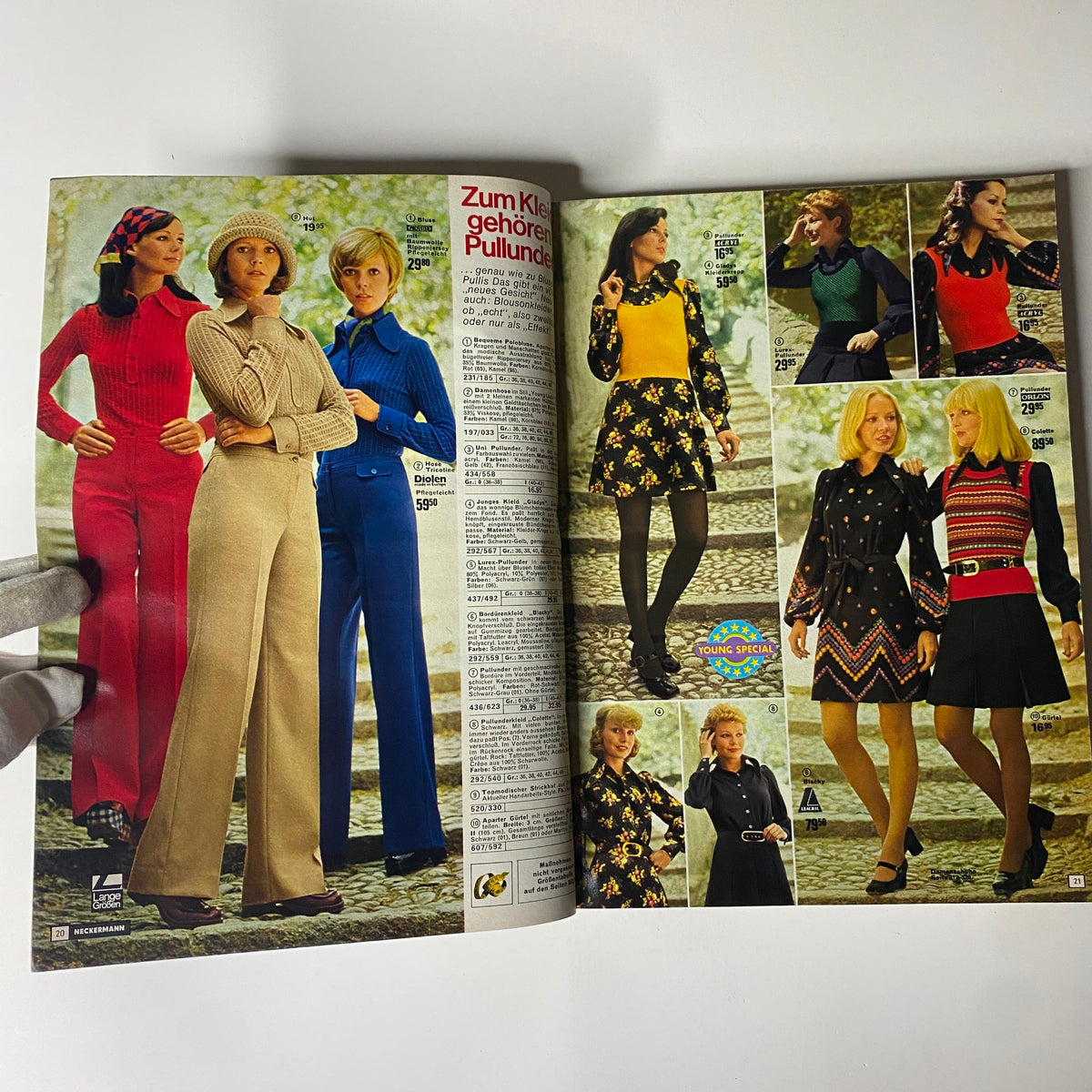 1973-1974 Neckermann Winter Catalog displaying a variety of casual and chic clothing styles worn by models, highlighting vibrant colors and retro designs.