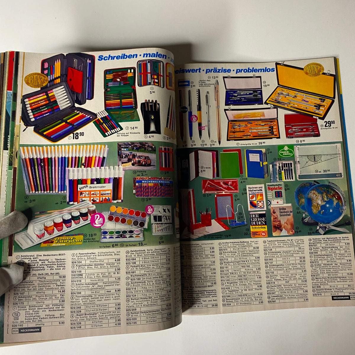 1973-1974 Neckermann Winter Catalog displaying a variety of art and stationery supplies, showcasing 1970s creative products for children.
