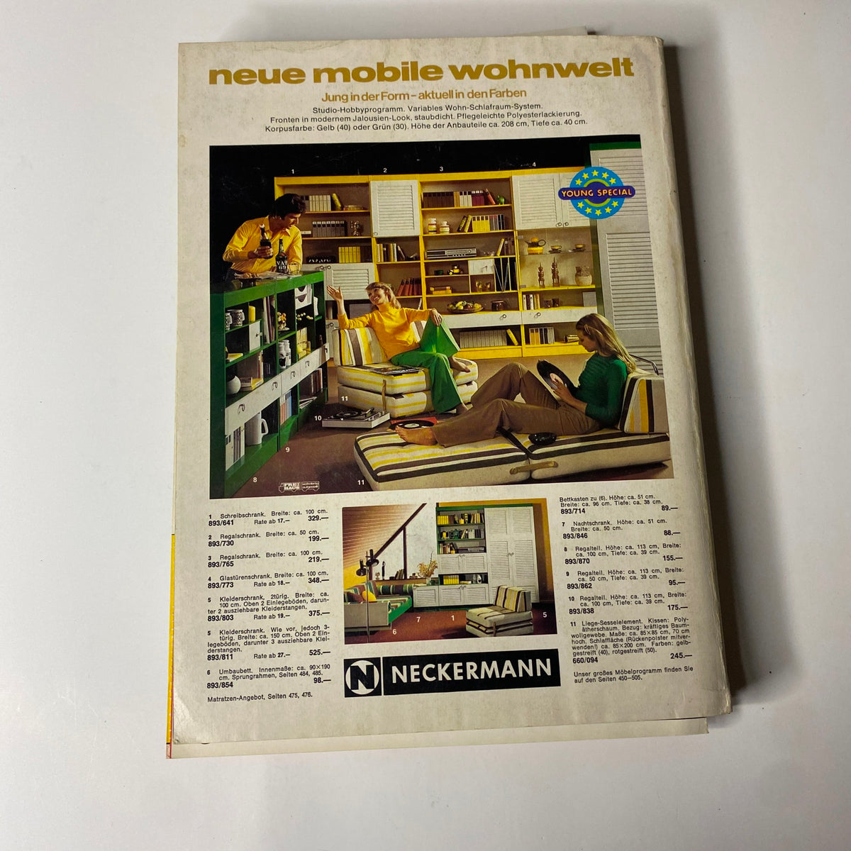 1973-1974 Neckermann Winter Catalog displaying a lifestyle advertisement with modern furniture arrangements and bright colors aimed at contemporary living.