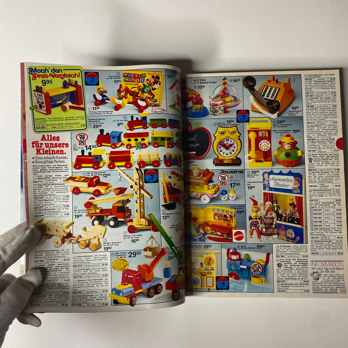 1979-1980 Neckermann Winter Catalog displaying a selection of classic children's toys, showcasing colorful wooden toys and play items designed for young kids, appealing to vintage toy collectors.