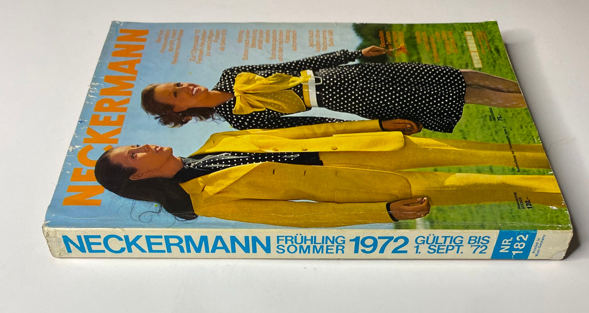 Side view of the 1972 Neckermann Sommer Catalog showing the title prominently, with the stylish couple from the front cover in matching retro outfits, perfect for collectors of vintage fashion.