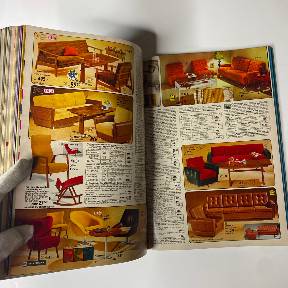 1972 Neckermann Sommer Catalog featuring retro furniture collection, highlighting stylish sofas, chairs, and tables with listed prices in a warm, vintage aesthetic.